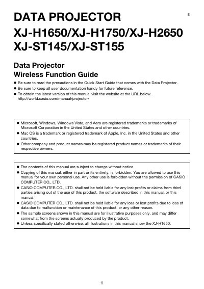 Casio XJ-H1650/XJ-H1750/XJ-H2650/XJ-ST145/XJ-ST155 Data Projector Wireless Function Guide - cover page