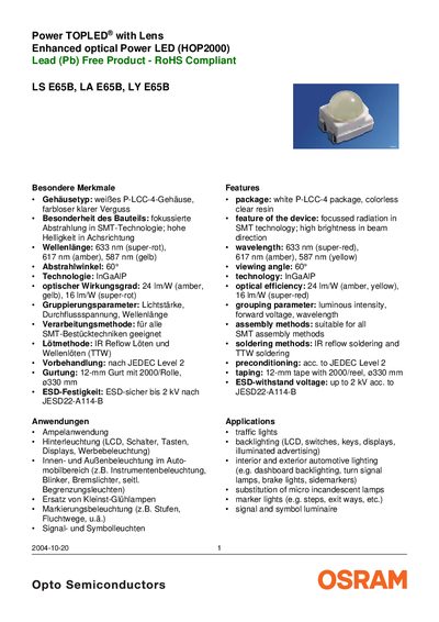 Osram E65B LED Datasheet - cover page