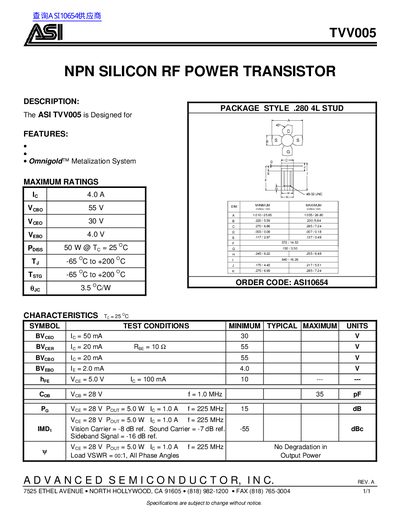 ASI TVV005 NPN Silicon RF Power Transistor Datasheet - cover page