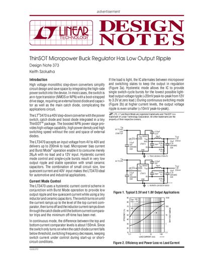 Design Note 373: LT3470 ThinSOT Micropower Buck Regulator Low Output Ripple Application Note