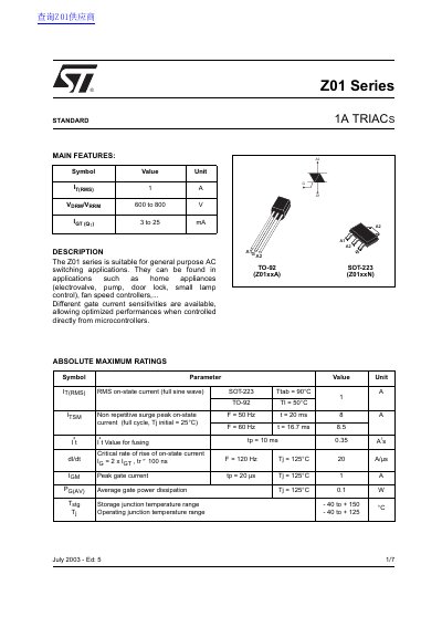 STMicroelectronics Z01 Series Standard 1A TRIAC Datasheet - cover page