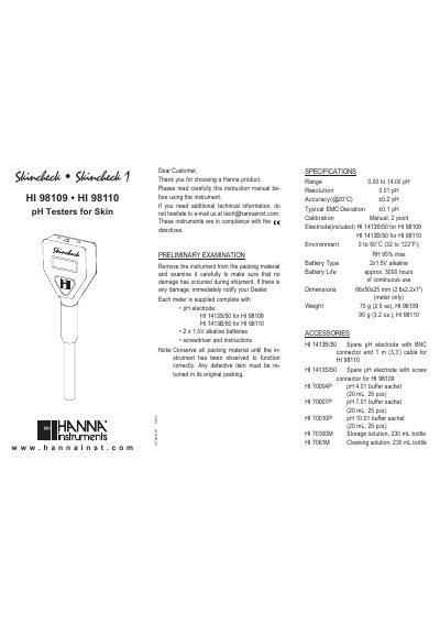 Hanna Instruments HI 98109/98110 pH Testers for Skin User Manual - cover page