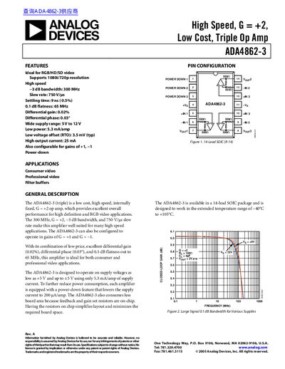 Analog Devices ADA4862-3 High Speed Triple Op Amp Datasheet