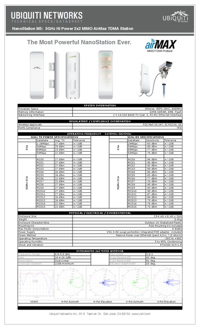 Ubiquiti NanoStation M5 5GHz Hi Power 2x2 MIMO AirMax TDMA Station Datasheet - cover page