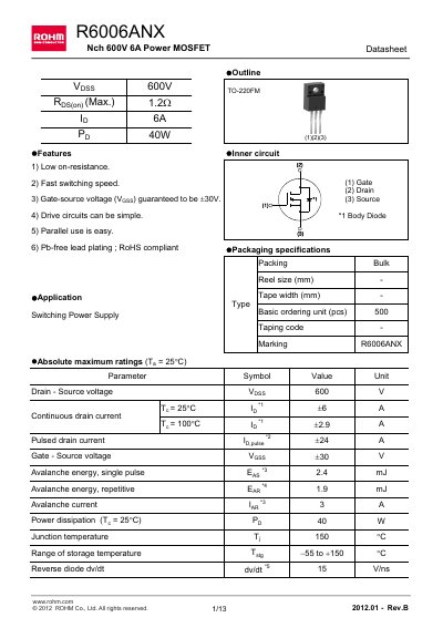 ROHM R6006ANX Power MOSFET Datasheet - cover page