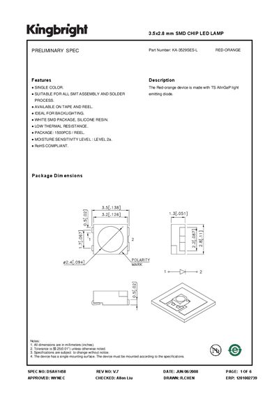 KINGBRIGHT -KA-3529SES-L RED-ORANGE 3.5x2.8 mm SMD CHIP LED LAMP Manual - cover page