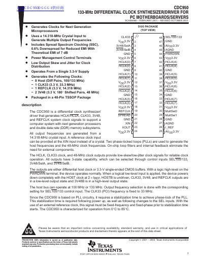 Texas Instruments CDC950 Differential Clock Synthesizer Datasheet - cover page