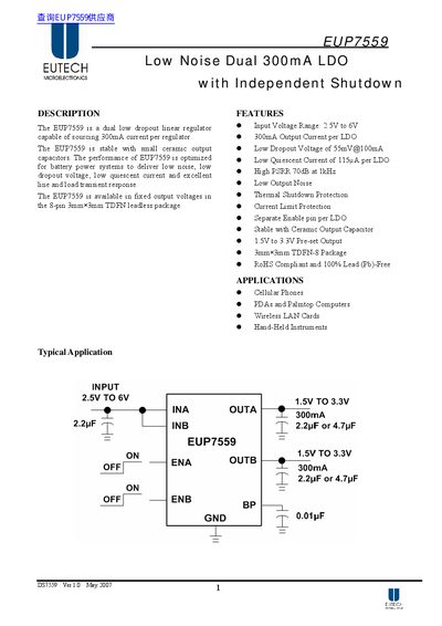 EUTECH EUP7559 Dual Low-Dropout Linear Regulator Datasheet - cover page
