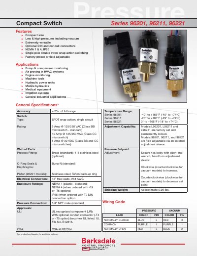 Barksdale Series 96201/96211/96221 Compact Switch Product Data Sheet - cover page
