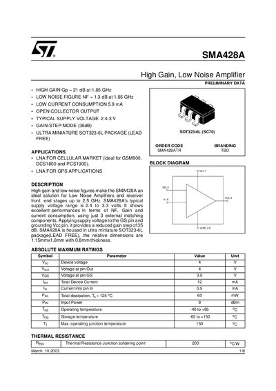 STMicroelectronics SMA428A Datasheet - cover page