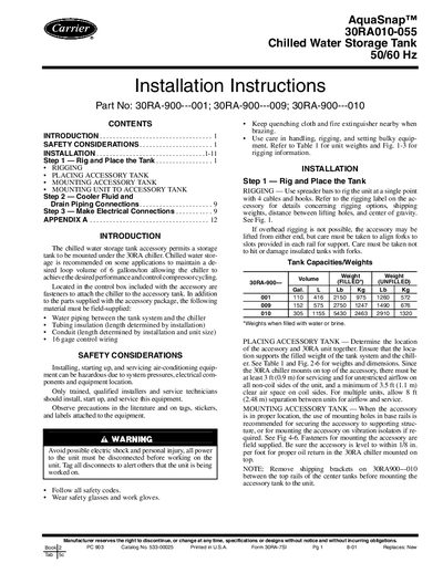 Carrier 30RA010-055 Chilled Water Storage Tank Installation Manual - cover page