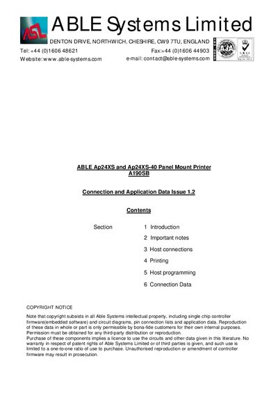 AXIOHM ABLE Ap24XS Ap24XS-40 Panel Mount Printer A190SB Connection Application Data Issue 1.2 handbook - cover page