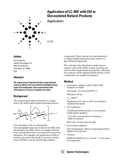 Agilent 1100 LC/MS Application Note: ESI for Glycosylated Natural Products - cover page