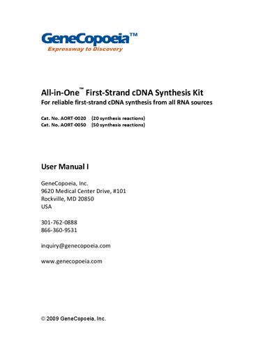 GeneCopoeia AORT-0020/0050 User Manual - cover page