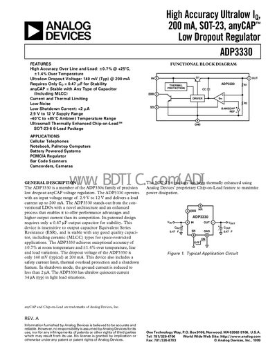 Analog Devices ADP3330 Low Dropout Regulator Datasheet - cover page