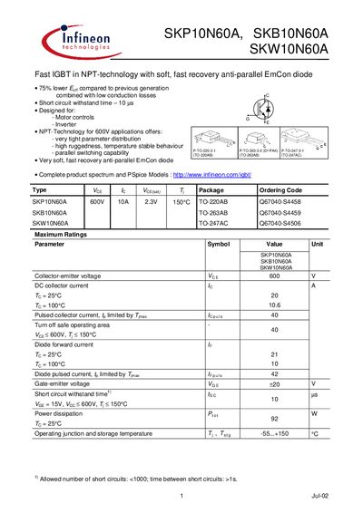 Infineon SKP10N60A / SKB10N60A / SKW10N60A IGBT Datasheet - cover page