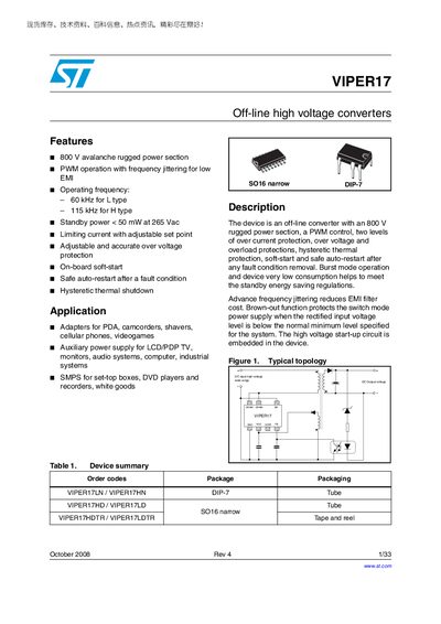 STMicroelectronics VIPER17 Datasheet - cover page