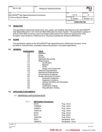 FCI GS-12-192 High Speed Mezzanine Connector Product Specification - cover page