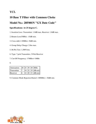YCL 20F001N 10 Base T Filter with Common Choke Datasheet - cover page