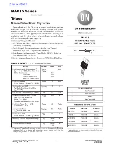 ON Semiconductor MAC15 Series Triac Datasheet - cover page
