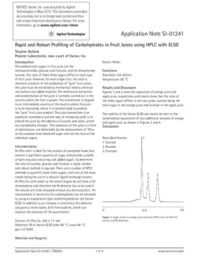 Varian SI-01241 Application Note: Rapid Profiling of Carbohydrates in Fruit Juices using HPLC with ELSD - cover page