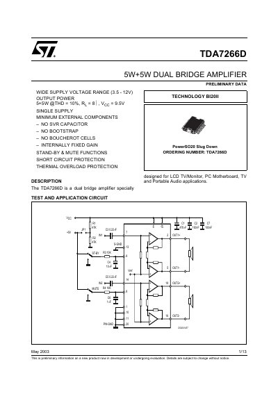 STMicroelectronics TDA7266D Dual Bridge Amplifier Datasheet