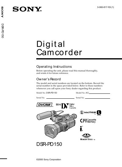 Sony DSR-PD150 Digital Camcorder Operating Instructions - cover page