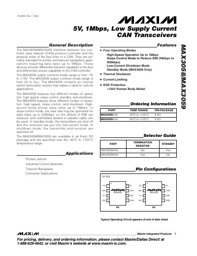 Maxim MAX3058/MAX3059 CAN Transceiver Datasheet - cover page