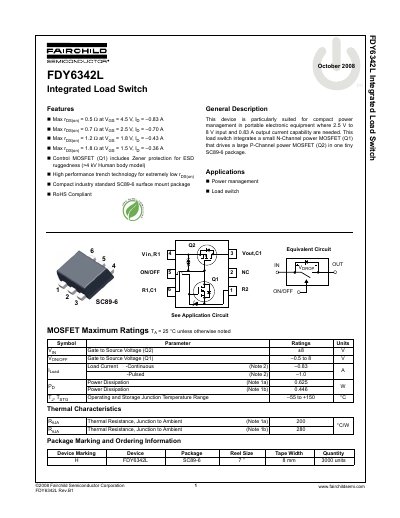 Fairchild Semiconductor FDY6342L Integrated Load Switch Datasheet - cover page