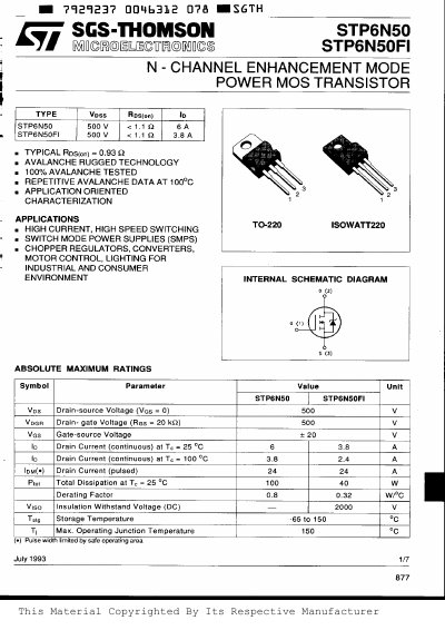 SGS-THOMSON STP6N50 STP6N50F1 Guide - cover page
