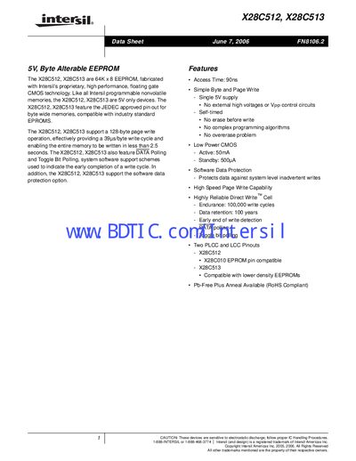 Intersil X28C512 / X28C513 Data Sheet - cover page