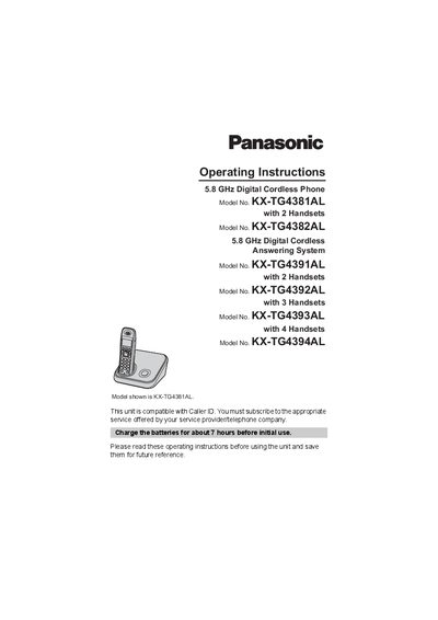 Panasonic KX-TG4381AL 5.8 GHz Digital Cordless Phone Operating Instructions - cover page
