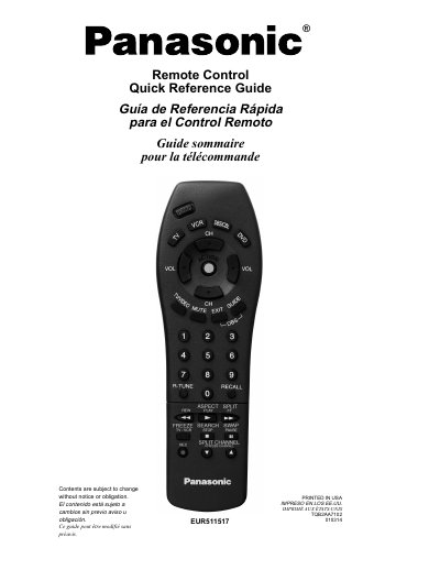 Panasonic EUR511517 Remote Control Quick Reference Guide - cover page