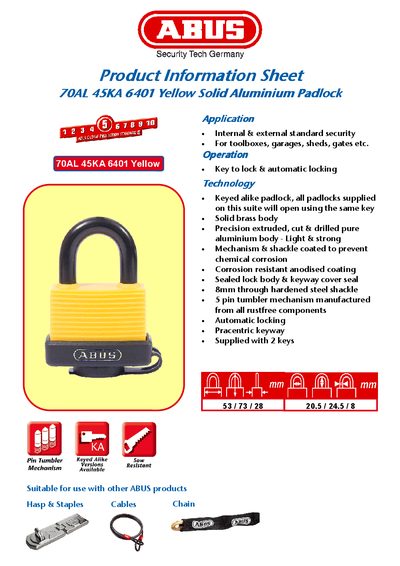 ABUS Product Information Sheet 70AL 45KA 6401 Yellow Solid Aluminium Padlock Manual - cover page