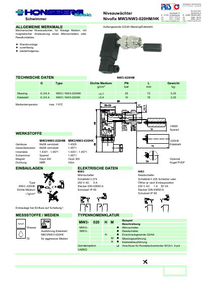 Niveauwächter MW3/NW3-020HM/HK Swimmer Nivofix Technical Data - cover page
