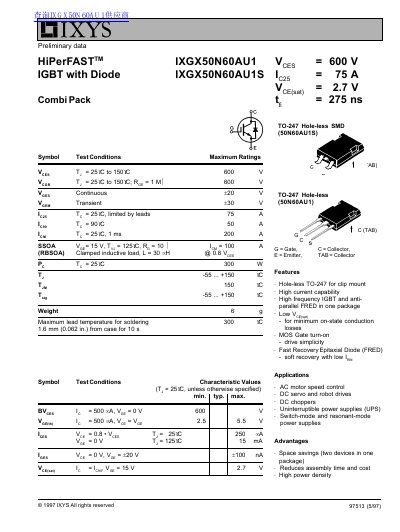 IXYS IXGX50N60AU1/IXGX50N60AU1S IGBT Datasheet - cover page
