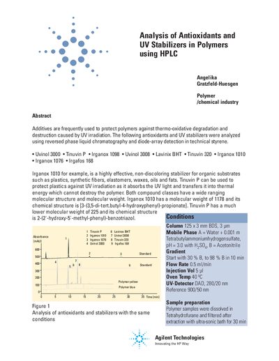 Agilent 1100 Series Analysis of Antioxidants and UV Stabilizers in Polymers - cover page