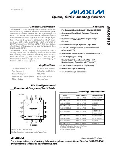 Maxim MAX4613 Quad SPST Analog Switch Datasheet - cover page