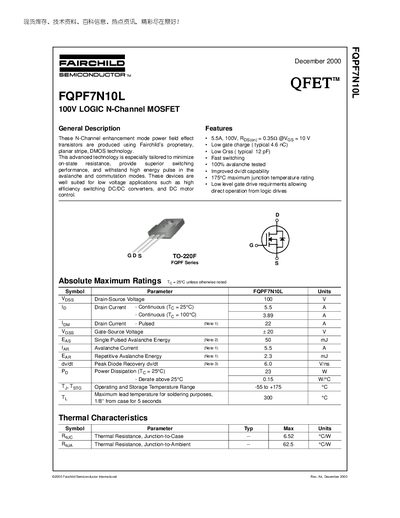 Fairchild FQPF7N10L 100V Logic N-Channel MOSFET Datasheet - cover page