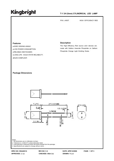 KINGBRIGHT - L-493IT HIGH EFFICIENCY RED T-1 3/4 (5mm) CYLINDRICAL LED LAMP Manual - cover page