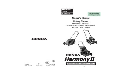 HONDA Harmony II HRS216PDA/HRS216SDA/HRR216PDA/HRR216SDA/HRR216S3DA/HRT216SDA/HRT216S3DA Rotary Mower Owner's Manual - cover page