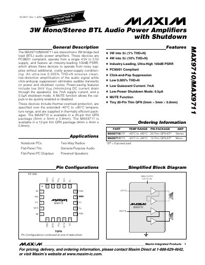 Maxim MAX9710/MAX9711 Audio Power Amplifier Datasheet - cover page