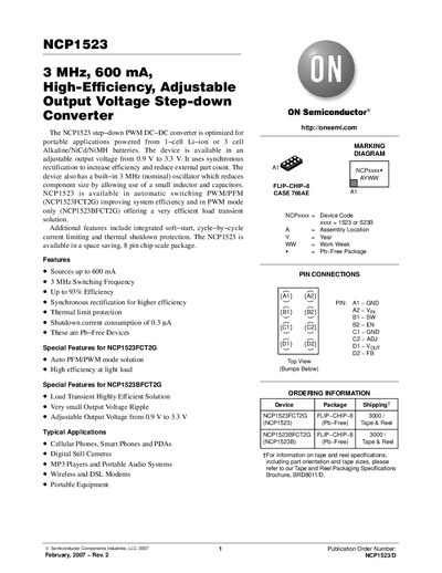 ON SEMICONDUCTOR - NCP1523 3 MHz 600 mA High Efficiency Adjustable Output Voltage Step down Converter Manual - cover page
