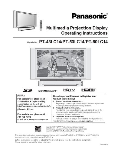 Panasonic PT-43LC14/PT-50LC14/PT-60LC14 Multimedia Projection Display Operating Instructions