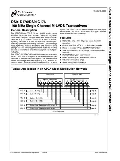 NATIONAL SEMICONDUCTOR - October 3 2008 DS91D176/DS91C176 100 MHz Single Channel M-LVDS Transceivers General Description Manual - cover page