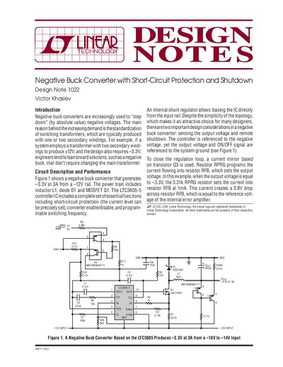 Linear Technology LTC3805 Negative Buck Converter Design Note 1022 - cover page