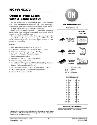 ON Semiconductor MC74VHC373 Octal D-Type Latch with 3‑State Output Datasheet - cover page