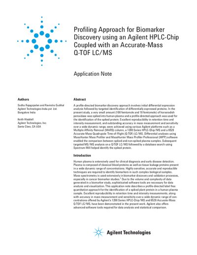 Agilent Profiling Approach for Biomarker Discovery using Agilent HPLC-Chip and Q-TOF LC/MS Application Note - cover page