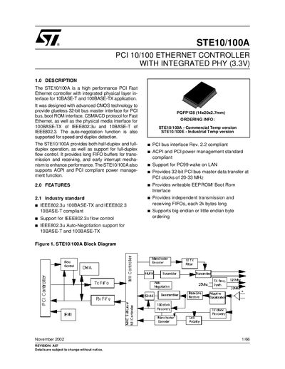 STMicroelectronics STE10/100A PCI Ethernet Controller Datasheet - cover page