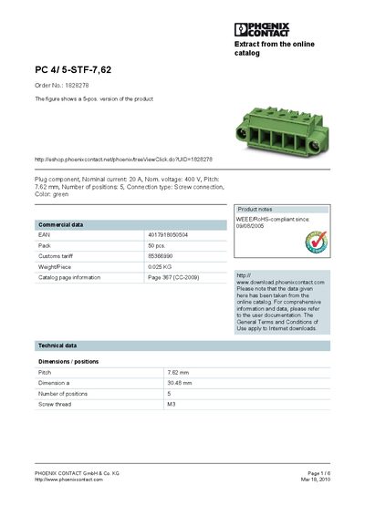 Phoenix Contact PC 4/5-STF-7,62 Terminal Block Handbook - cover page